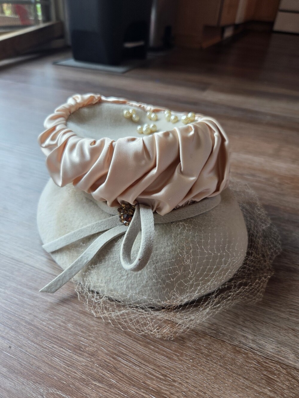 Vintage Cream Colored Wool Pillbox Hat with Netting Veil and Pearls, Shillito's